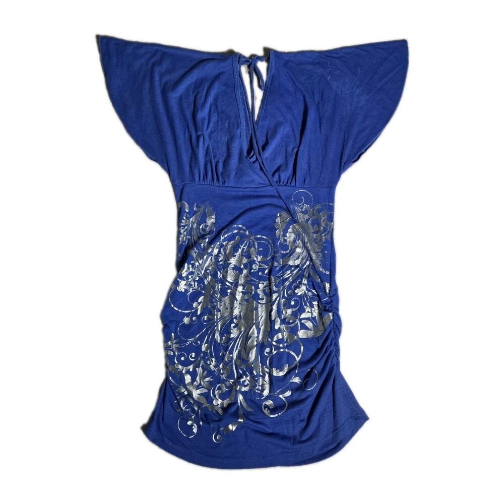 VTG Body Central Blue Silver Foil Print Ruched Flutter Sleeve Mini Dress M GUC